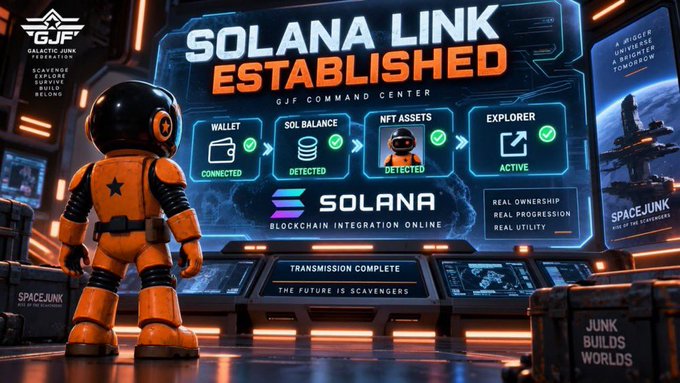 A sci-fi control-room illustration shows an orange astronaut before a monitor reading “SOLANA LINK ESTABLISHED,” with panels for “WALLET,” “SOL BALANCE,” “NFT ASSETS,” and “EXPLORER,” plus the Solana logo and “GJF COMMAND CENTER.”