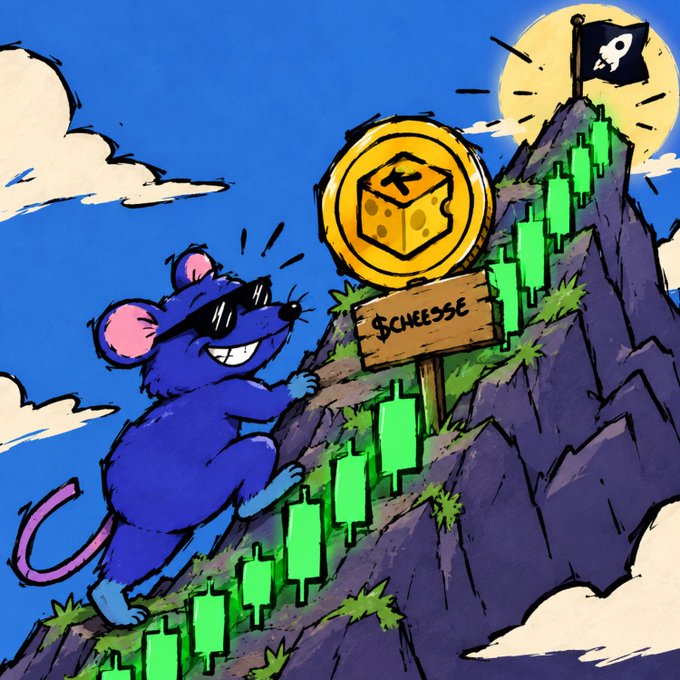 A cartoon illustration shows a blue mouse wearing sunglasses climbing a mountain made of green trading chart candles toward a BNB coin and a pirate flag at the peak, with a 'SCHEISSE' sign.