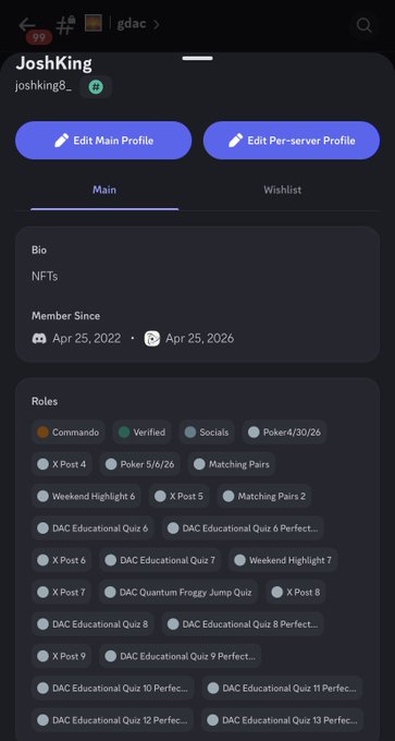 A Discord profile page for user JoshKing (joshking8_) showing roles including Commando, Verified, Socials, and various Pokemon and DAC Quiz roles.