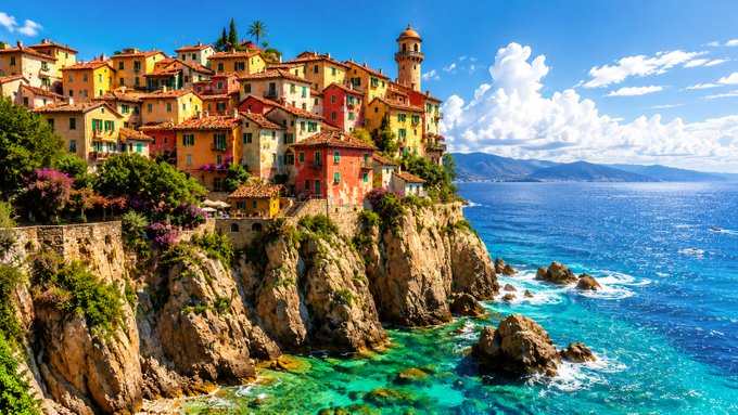 A vibrant coastal town with colorful buildings perched on a rocky cliffside overlooking turquoise waters under a bright blue sky with fluffy clouds.