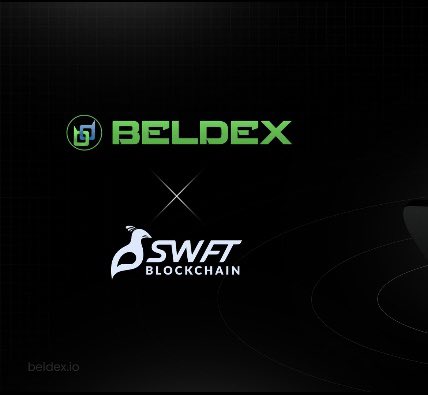 Promotional graphic on a dark background announcing a partnership between 'BELDEX' (in green) and 'SWAT BLOCKCHAIN' (in white), separated by an X mark, with 'beldex.io' in the corner.