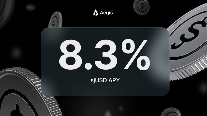 The image shows a black background with several coins scattered throughout, including quarters and dimes. A banner appears at the top of the image that says "8.3% JLP hedge strategy continues to print good yield for the holders." The text is in white against a black background. Below this text, there is a smaller white banner that reads "sJUSD APY: 8.3% JLP hedge strategy continues to print good yield for the holders."