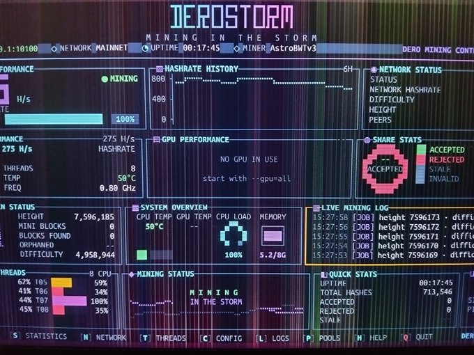 A computer monitor displaying a cryptocurrency mining dashboard titled 'DEROSTORM' with 'MINING IN THE STORM' and 'MINER AstroBWTv3' visible, showing hashrate, network status, and system performance metrics.