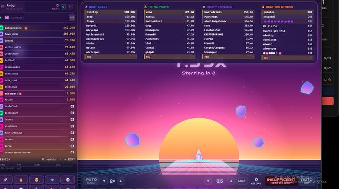 A screenshot of the "Block Rocket" Web3 game shows the Week 1 leaderboard with "nicetop" topping the list at a 99.29x multiplier, while a countdown timer displays "Starting in 6" and "1.124x" over a neon sunset landscape, illustrating the intense competition described in the post.