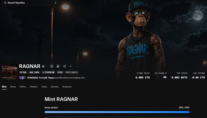 An OpenSea NFT listing page for the RAGNAR collection on the Ethereum blockchain, showing a floor price of 0.005 ETH and a fully minted supply of 250/250.