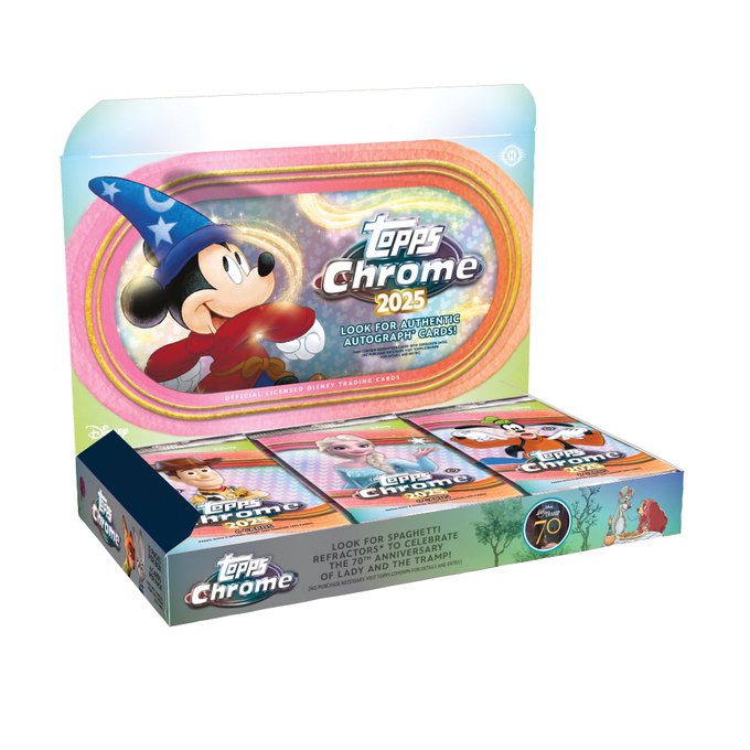 A retail display box for 'Topps Chrome 2025' Disney trading cards, featuring Mickey Mouse dressed as Sorcerer's Apprentice and advertising Spaghetti Refractors autograph inserts.