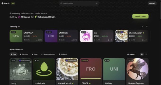 A screenshot of the Pools Beta website showing a new way to launch and trade tokens built by Uniswap for Robinhood Chain, featuring trending tokens like PAW, UNIFROG, fru, and Chowd.launch.