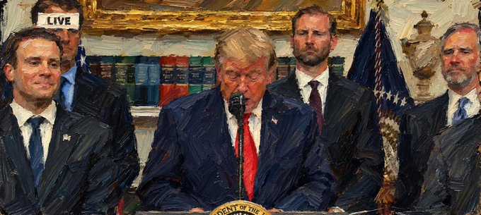 This appears to be a courtroom sketch depicting a press conference with a "LIVE" indicator in the top left corner, showing a central figure at a podium labeled "PRESIDENT OF THE UNITED STATES" speaking into a microphone, surrounded by men in suits with American flags and book-filled shelves in the background. The image appears to be a stylized, painterly rendering (likely post-processed) of what looks like a real political event, used as commentary imagery alongside a post referencing "Hyperliquid" as an "inevitable outcome" — suggesting the meme compares Trump's public statements to confident, proclamatory crypto predictions.