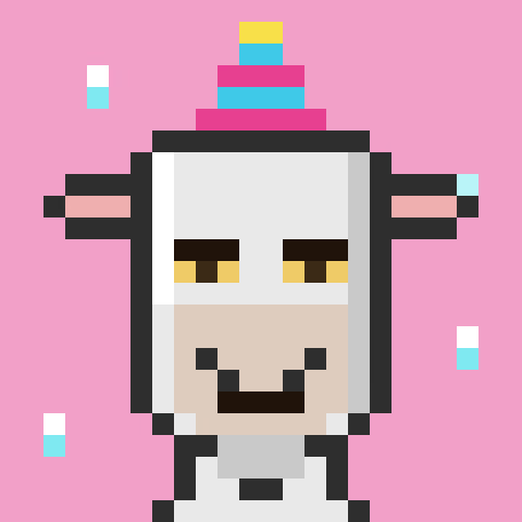 A pixel art illustration of a white character with a smiling face and a colorful party hat against a pink background.