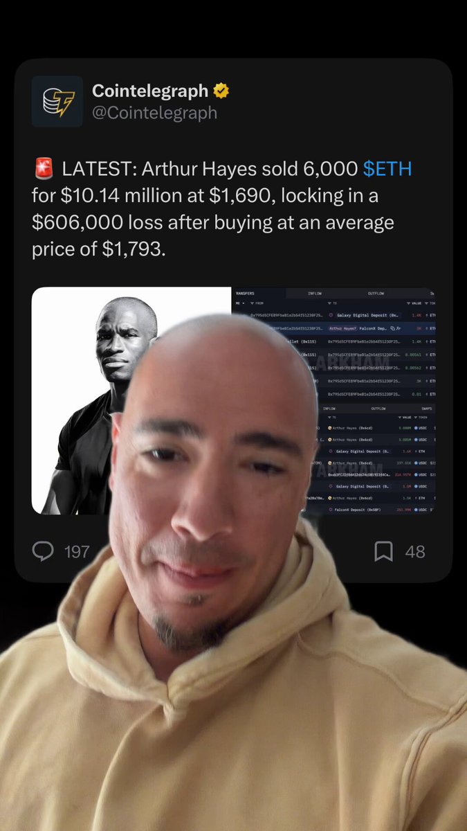 The image features a man wearing a yellow hoodie, with his face partially visible as he looks at the camera. The caption of the image reads "Arthur Hayes just took a big loss on Ethereum but CT doesn't understand this about the guy... He knows what he's doing...". This message seems to be directed towards Arthur Hayes and is likely meant to convey some form of advice or commentary related to his recent loss in the cryptocurrency market.

The caption also includes the hashtag "CT" which stands for "Coontology", indicating that this post might have been shared on a social media platform like Twitter, where users often use hashtags to categorize and find content relevant to their interests.