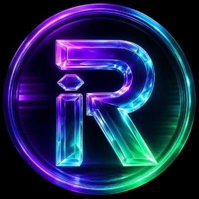 A stylized digital illustration of a glass-like letter 'R' glowing with neon purple, blue, and green hues, encircled by a matching iridescent ring against a black background.