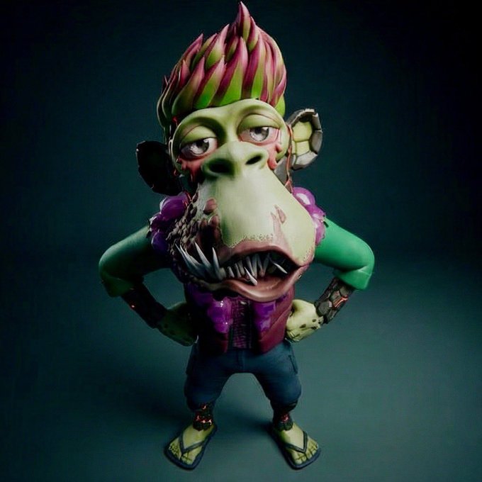 A 3D render of a monstrous, reptilian creature with a spiky red and green head, wearing a purple shirt.
