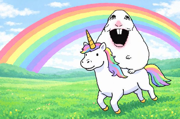 A whimsical cartoon illustration of a laughing white creature riding a unicorn with a rainbow mane through a green field, set against a sky with a large rainbow.