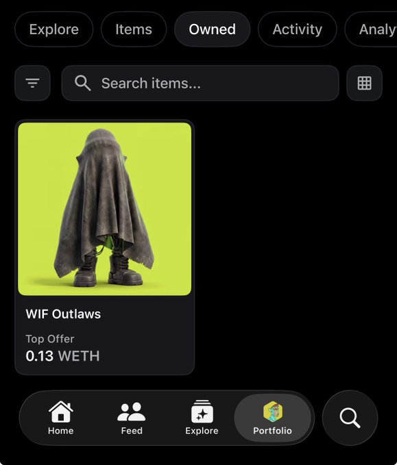 Screenshot of an NFT marketplace interface showing a digital item called "WIF Outlaws" with a "Top Offer" of 0.13 WETH on a green background.