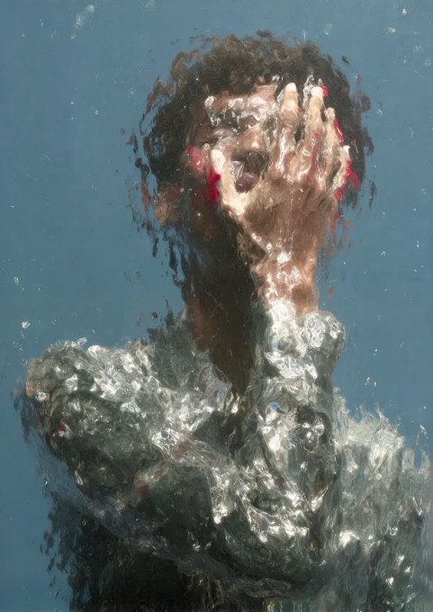 A heavily textured expressionist painting showing a figure with hands covering their face, rendered with thick impasto brushstrokes against a blue background.
