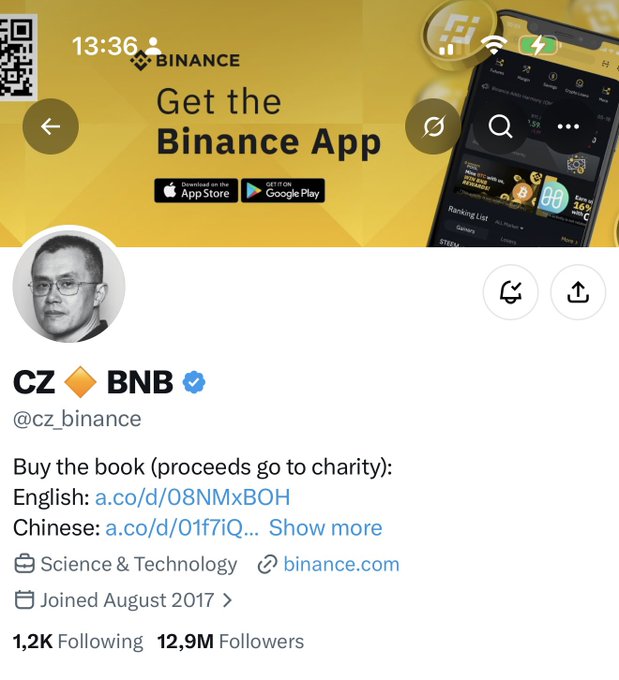 A Twitter/X profile page for CZ (Changpeng Zhao) of BNB on Binance, with 12.9M followers, promoting a book with proceeds going to charity.