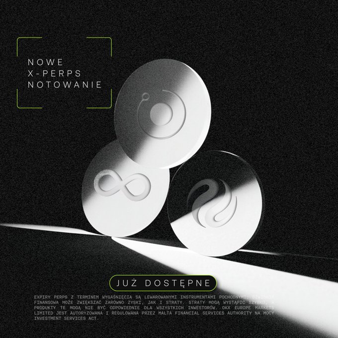The image is a sleek, dark promotional graphic featuring three metallic coin-like discs with crypto logos (Render, ICP, and Injective symbols), accompanied by the Polish text "NOWE X-PERPS NOTOWANIE" (New X-Perps Listing) and "JUŻ DOSTĘPNE" (Now Available), advertising the launch of the three new perpetual futures pairs—$RENDER, $ICP, and $INJ—with up to 10× leverage on the platform.