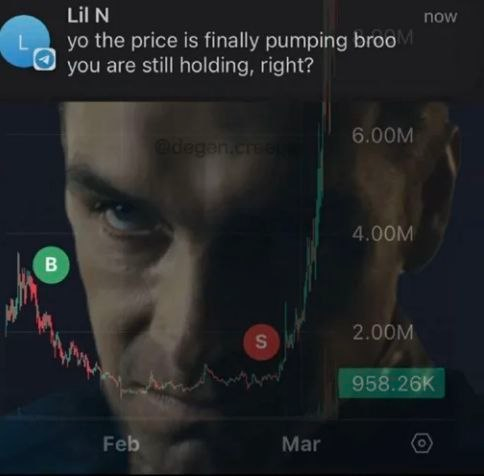 The image features a meme of a stern-looking man (Walter White) overlaid on a trading chart showing a "B" (buy) marker followed by a crash and an "S" (sell) marker near the bottom at 958.26K, with a message from "Lil N" asking if the viewer is still holding as the price pumps. It humorously illustrates the post's sentiment about the frustration of crypto trading—where selling triggers a pump while holding or DCA-ing leads to losses.