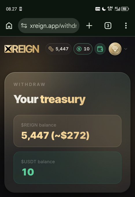 A mobile screenshot of the xreign.app withdrawal page showing a $REIGN balance of 5,447 (~$272) and $USDT balance of 10.