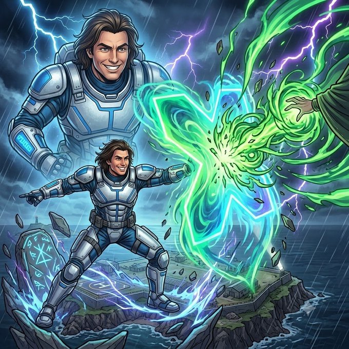 A dramatic fantasy digital illustration showing two versions of a smiling armored warrior wielding green and blue lightning-like magic amid stormy skies and floating debris.
