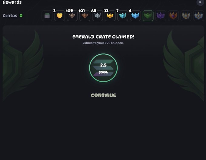 In-game rewards screen showing an 'EMERALD CRATE CLAIMED!' message with 2.5 $SOL tokens added to the user's balance, above a row of various tiered crates.