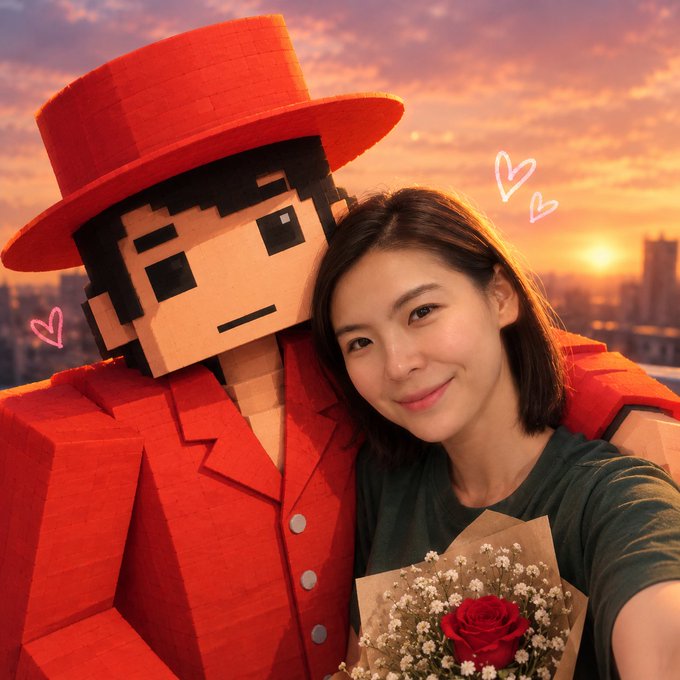 A woman takes a selfie with a large blocky cardboard figure wearing a red suit and wide-brimmed hat, holding a bouquet of flowers including a red rose, with heart doodles drawn on the image against a sunset cityscape.