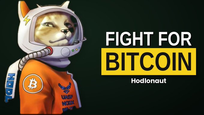 A graphic features a cat in an astronaut helmet wearing an orange suit with a Bitcoin logo, next to text reading 'FIGHT FOR BITCOIN' and 'Hodlonaut'.