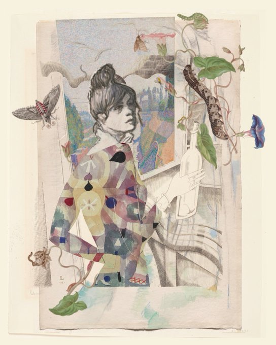 An artistic collage features a woman's profile portrait filled with colorful geometric patterns, surrounded by butterflies, a caterpillar, leaves, and a wine bottle illustration.