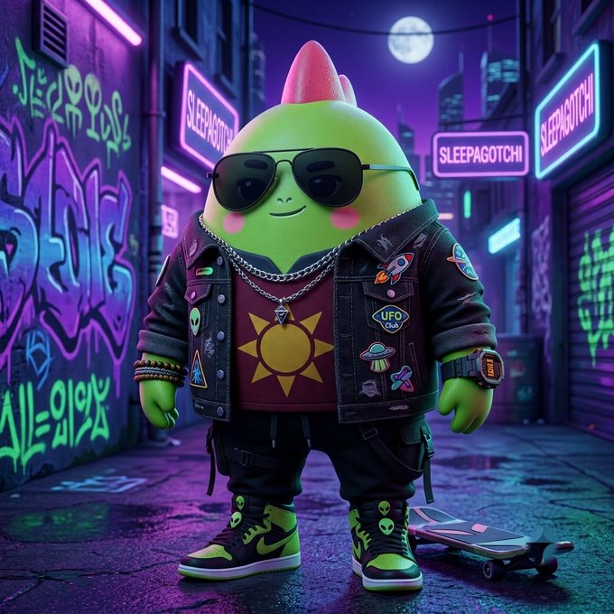 A green, cool alien character wearing sunglasses, a denim jacket with UFO patches, a sun-graphic tee, and Nike sneakers stands in a neon-lit alley next to a skateboard, with "SLEEPAGOTCHI" signs glowing in the background—visually embodying the app's playful, retro-arcade vibe that turned sleeping into a game and won over 2 million Telegram users.