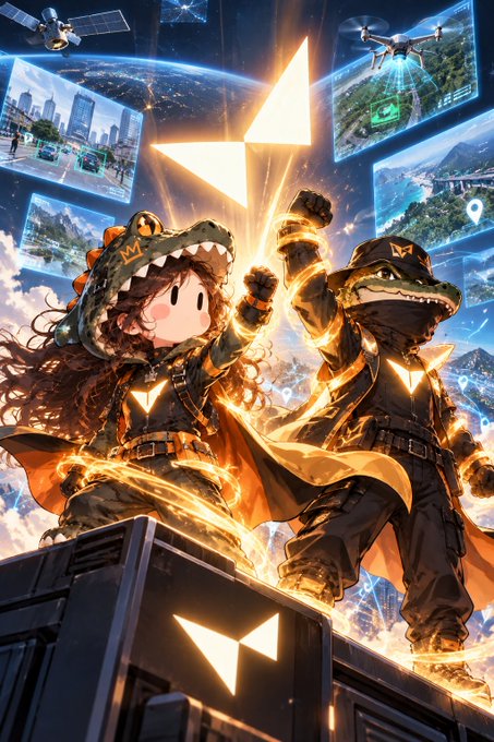 A vibrant digital illustration featuring two chibi-style characters wearing dinosaur-themed hoodies and tactical outfits, standing triumphantly with raised fists against a backdrop of futuristic cityscapes, drones, and a glowing triangular logo.