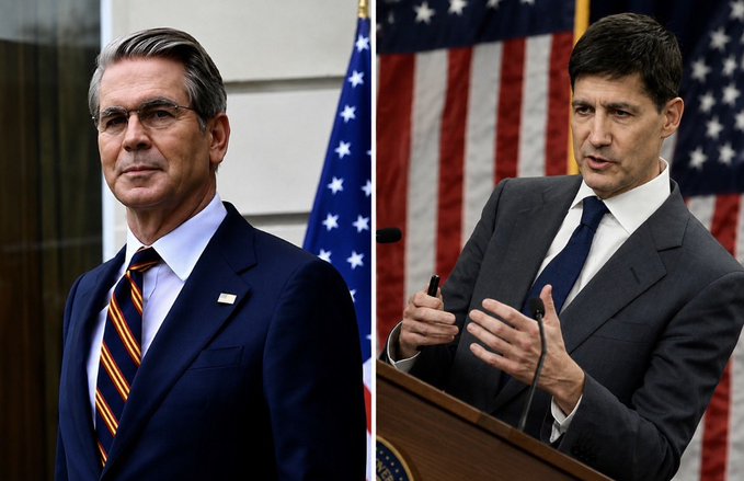 Side-by-side portraits of Treasury Secretary Scott Bessent, wearing a navy suit with an orange and navy striped tie, and Federal Reserve Chair Kevin Warsh, speaking at a podium in a dark suit, both positioned before American flags. The image visually pairs the two officials whose conflicting monetary and fiscal policies—Bessent pushing for lower yields through expanded bond buybacks while Warsh maintains a hawkish stance—illustrate the institutional tension between the Treasury and the Federal Reserve.