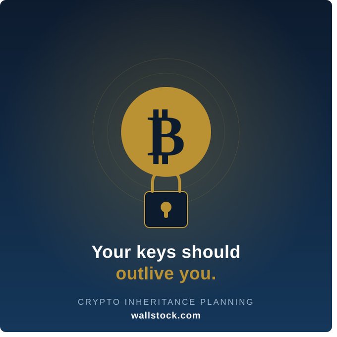 A dark blue graphic features a golden Bitcoin coin secured inside a padlock with the text "Your keys should outlive you. CRYPTO INHERITANCE PLANNING wallstock.com." The image reinforces the post's warning about permanently lost Bitcoin by visually symbolizing crypto assets locked away forever due to inaccessible private keys.