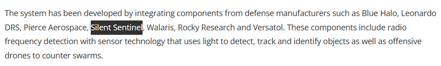 The image shows a highlighted text excerpt mentioning "Silent Sentinel" among a list of defense manufacturers (Blue Halo, Leonardo DRS, Pierce Aerospace, Walaris, Rocky Research, and Versatol) whose components have been integrated into a system featuring radio frequency detection and sensor technology for counter-drone operations, supporting the post's claim about the Honeywell → Silent Sentinel → G5 Infrared → LPTH industrial link.