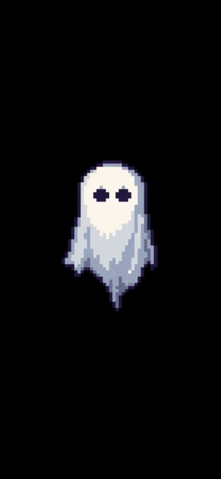 A small pixel art illustration of a ghost with a white sheet body and two black eyes, set against a solid black background.