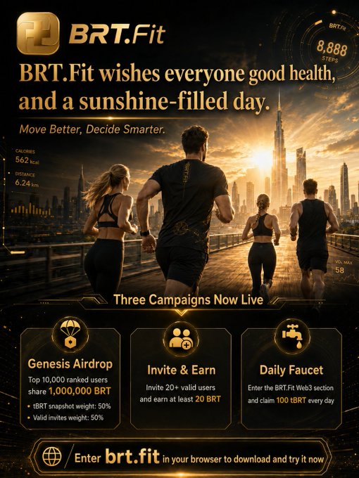 A promotional graphic from BRT.Fit displays the brand logo and the message "BRT.Fit wishes everyone good health, and a sunshine-filled day," accompanied by the tagline "Move Better, Decide Smarter." Four fitness enthusiasts are shown jogging toward a sunlit cityscape, with overlaid fitness stats like "8,888 STEPS," "CALORIES 562 kcal," and "DISTANCE 6.24 km." Below, the announcement "Three Campaigns Now Live" highlights the Genesis Airdrop (top 10,000 users sharing 1,000,000 BRT), Invite & Earn (20 BRT for inviting 20+ valid users), and Daily Faucet (100 tBRT/day), directing viewers to enter brt.fit to participate.