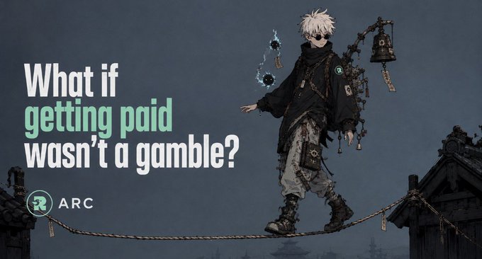 An anime-style character with white hair walks on a tightrope carrying bells and charms, with marketing text reading 'What if getting paid wasn't a gamble?' and the ARC logo.