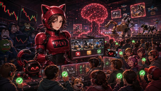 A woman in red cat-eared armor with "P(X)" on her chest stands before a crowd of engaged users holding phones with green checkmarks, while holographic displays, trading charts, and a glowing red brain loom overhead. The image visually echoes the post's message about PrismaX flipping the script—showing validators as the "final checkpoint" by depicting the community actively approving (green checks) and rejecting (red X) AI/robot data in real time rather than mindlessly farming hype.