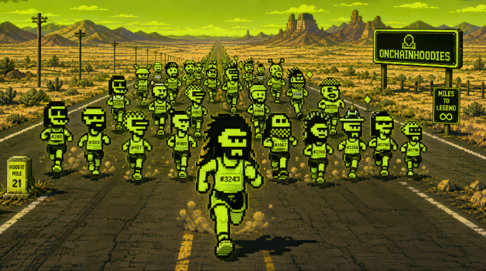 A pixel art illustration titled 'ONCHAINHOODIES' showing a large group of green-clad crypto figures with #3243 racing down a desert highway, with a 'MILES TO LEGEND ∞' billboard and 'HODLERS TANK 21' sign.