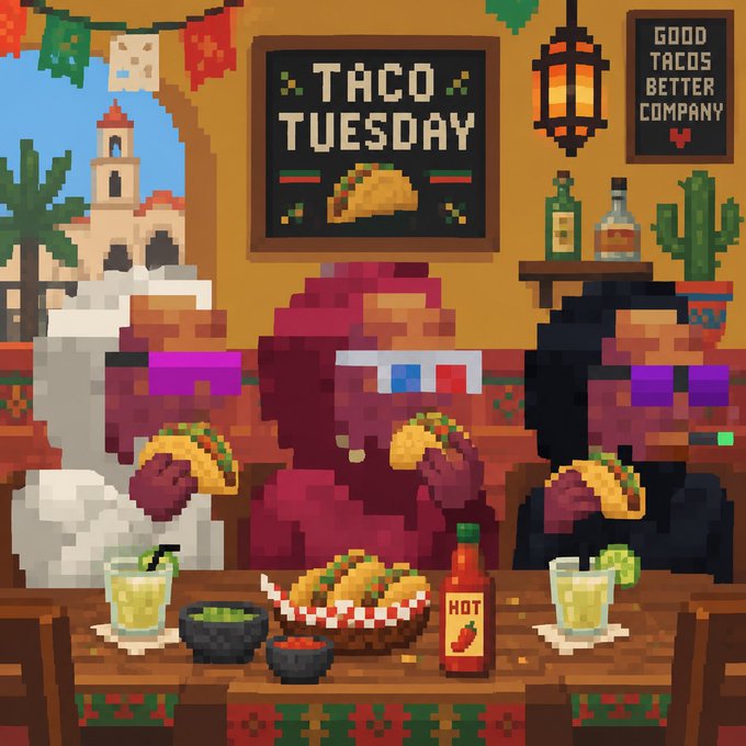 A pixel art illustration advertising "TACO TUESDAY" with a "GOOD TACOS BETTER COMPANY" sign, depicting three characters in sunglasses enjoying tacos and margaritas at a wooden table.