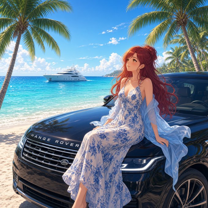 An anime-style illustration of a red-haired woman in a flowing blue and white floral dress sitting on the hood of a black Range Rover on a tropical beach, with a luxury yacht and palm trees in the background.
