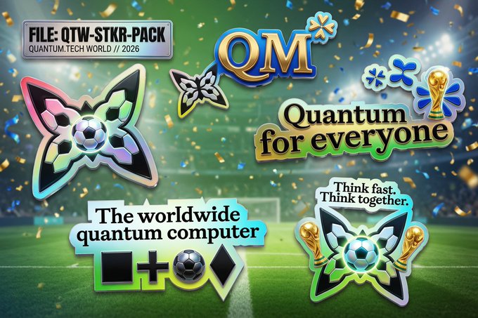The image features a poster for a Quantum Computing project called @quipnetwork. The poster includes various stickers related to the project, such as a soccer ball sticker with the text "QM" written above it, and other stickers representing different aspects of the project like a butterfly, a computer, and a trophy. The text on the poster highlights the project's focus on aligning economic incentives for useful work and post-quantum computing, aiming to promote both efficient use of computing resources and network validation.