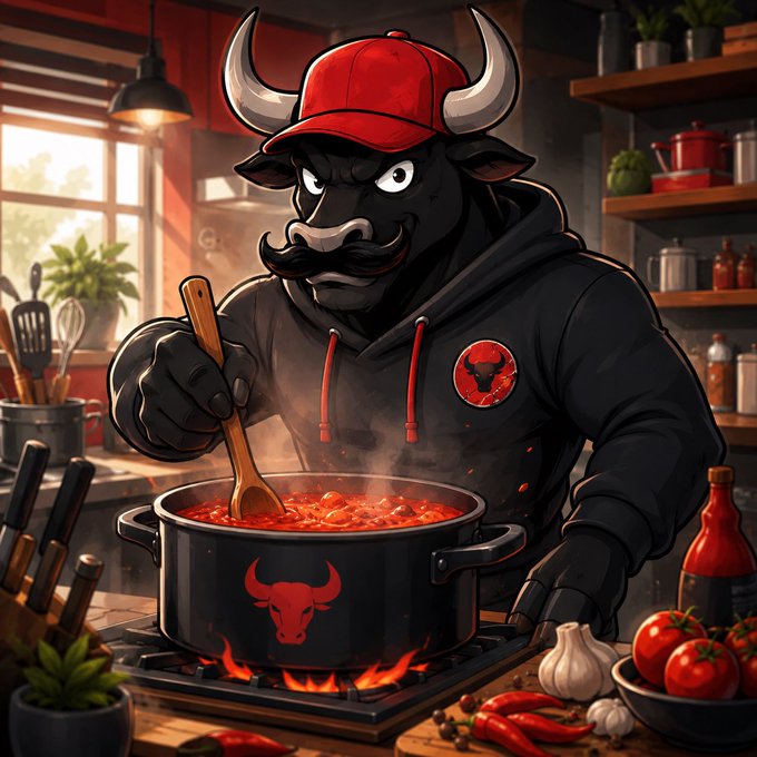 An illustration of an anthropomorphic black bull with a mustache wearing a red cap and hoodie, stirring a pot of stew on a stove in a kitchen.