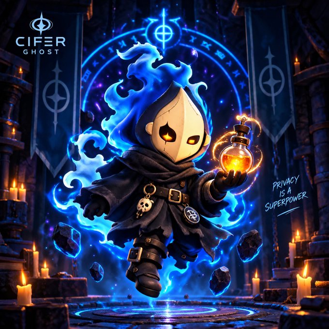 Digital artwork of a hooded, masked ghost-like character holding a glowing orange potion bottle, surrounded by blue flames and floating rocks, with 'CIFER GHOST' branding and the text 'PRIVACY IS A SUPERPOWER'.