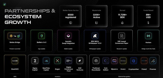 A dark-themed 'PARTNERSHIPS & ECOSYSTEM GROWTH' infographic for what appears to be Beldex cryptocurrency, showing stats like 6500 Beldex Name Service registered, 3200+ Masternodes, 11.72M+ BDX burned, 8M+ USD raised, along with partners including StealthEX, Sigma Capital, NexTribune Capital, and others.