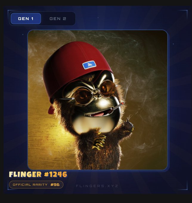 A digital NFT artwork titled 'FLINGER #1246' from Flingers.xyz, featuring a furry creature wearing a red backwards cap and sunglasses, with 'OFFICIAL RARITY #96' label and GEN 1 tab selected.