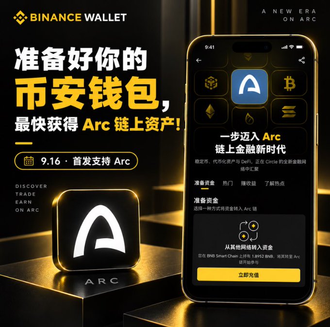 A Binance Wallet advertisement in Chinese promoting support for the Arc network, with the date '9.16' and text 'A NEW ERA ON ARC', showing a mobile wallet interface and Arc logo.