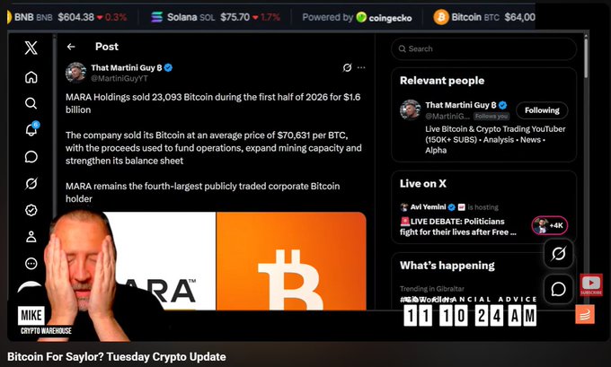 A cryptocurrency news broadcast screenshot from Mike Crypto Warehouse titled 'Bitcoin For Saylor? Tuesday Crypto Update,' featuring a post from That Martini Guy (@MartiniGuyYT) about MARA Holdings selling 23,093 Bitcoin for $1.6 billion at an average price of $70,631 per BTC, with crypto prices ticker showing BNB $604.38, SOL $75.70, and BTC $64,000.
