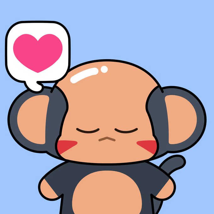A cute cartoon chimpanzee with closed eyes and blushing cheeks has a speech bubble containing a pink heart, symbolizing love and enthusiasm for the "Chimpers Sale" featuring Tsukimaro NFT that sold for 0.6150 WETH. The chimp's affectionate expression complements the post's promotion of the NFT sale with its rarity tier, listing count, and wallet addresses.