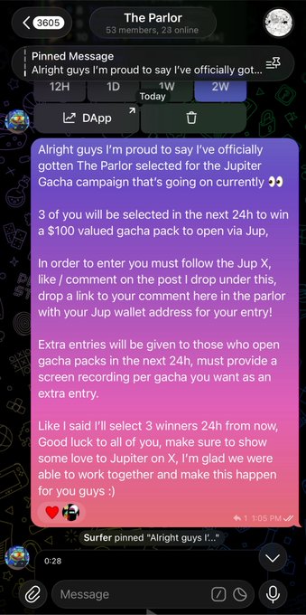 A Telegram message in 'The Parlor' announcing a giveaway where 3 winners will receive $100 gacha packs from the Jupiter X campaign.