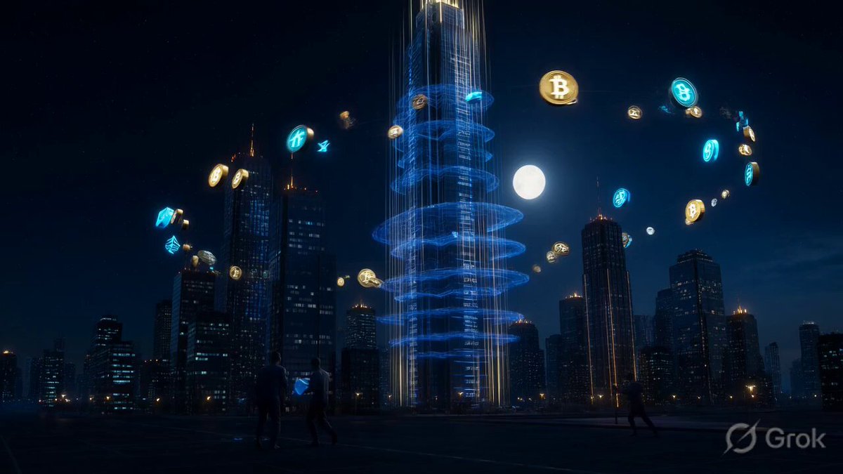 The image features a cityscape at night, with a tall blue skyscraper that appears to be made of money or cryptocurrency. The building has many windows and lights shining brightly against the dark sky. Surrounding the skyscraper are numerous people walking around in various positions, creating an atmosphere of activity and movement within the scene. The image also includes several coins scattered throughout the cityscape, adding a unique visual element to the overall composition.